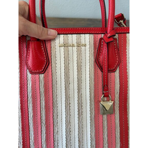 Michael Kors Mercer Red Coral Tan Leather Straw Purse Hand Bag Accordion - Picture 3 of 14